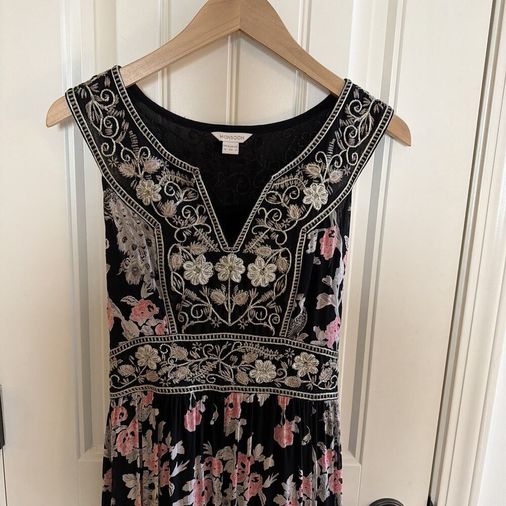 Monsoon Black Chiffon Silver Thread Peacock Floral Maxi Dress Boho Size 12 - Picture 2 of 13